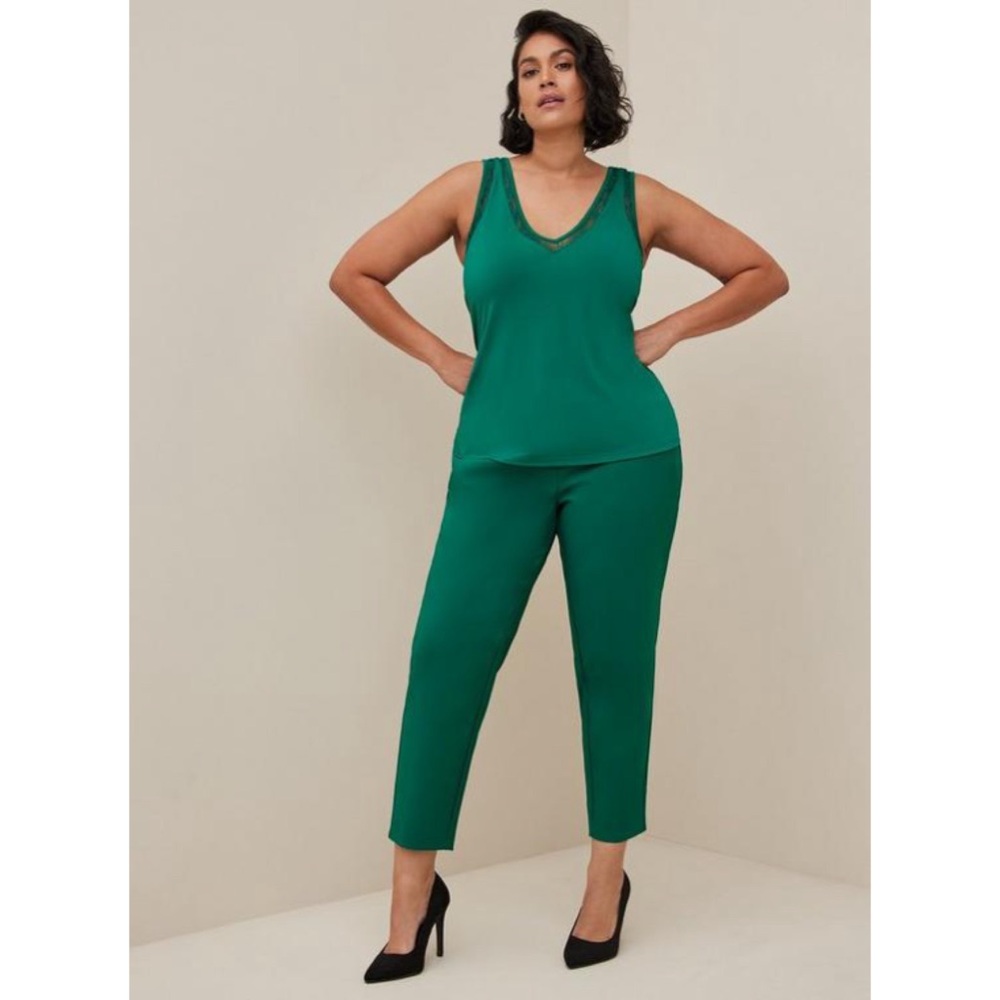 Torrid Studio Crepe Jersey Lace Inset Double V-Neck Tank in Green!